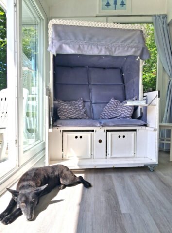 Strandkorb mit Hund